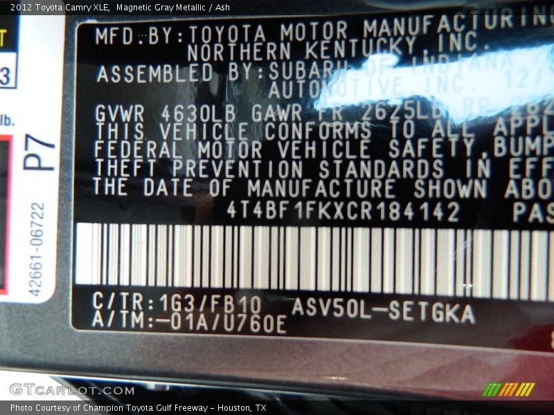 Magnetic Gray Metallic / Ash 2012 Toyota Camry XLE