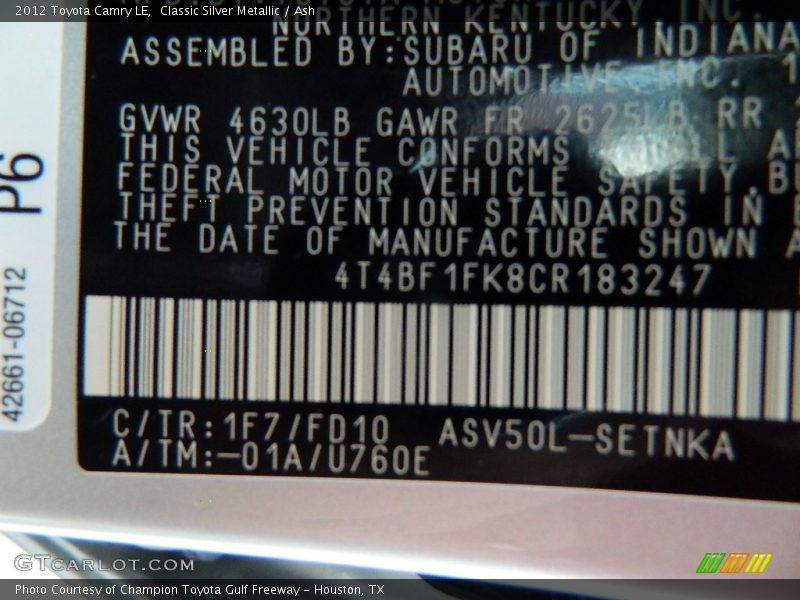 Classic Silver Metallic / Ash 2012 Toyota Camry LE