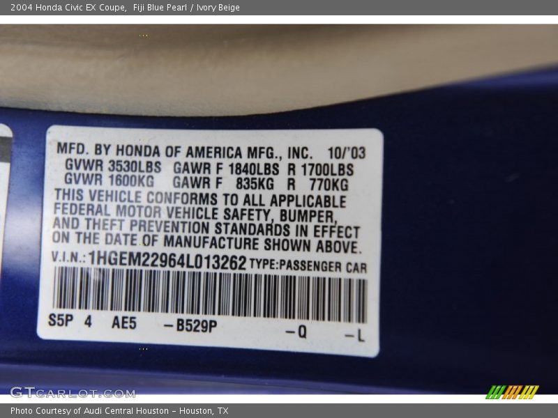 Fiji Blue Pearl / Ivory Beige 2004 Honda Civic EX Coupe