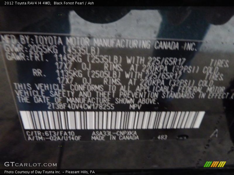 2012 RAV4 I4 4WD Black Forest Pearl Color Code 6T3