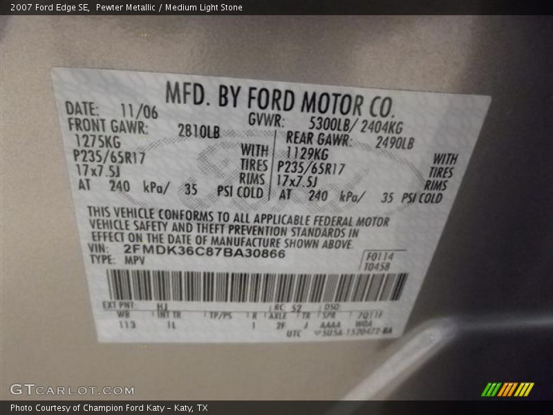 2007 Edge SE Pewter Metallic Color Code HJ