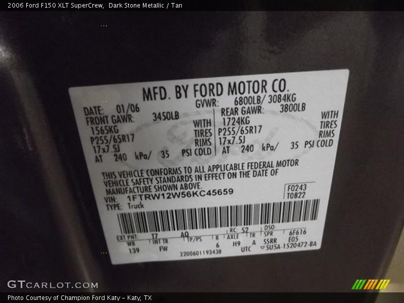 2006 F150 XLT SuperCrew Dark Stone Metallic Color Code T7