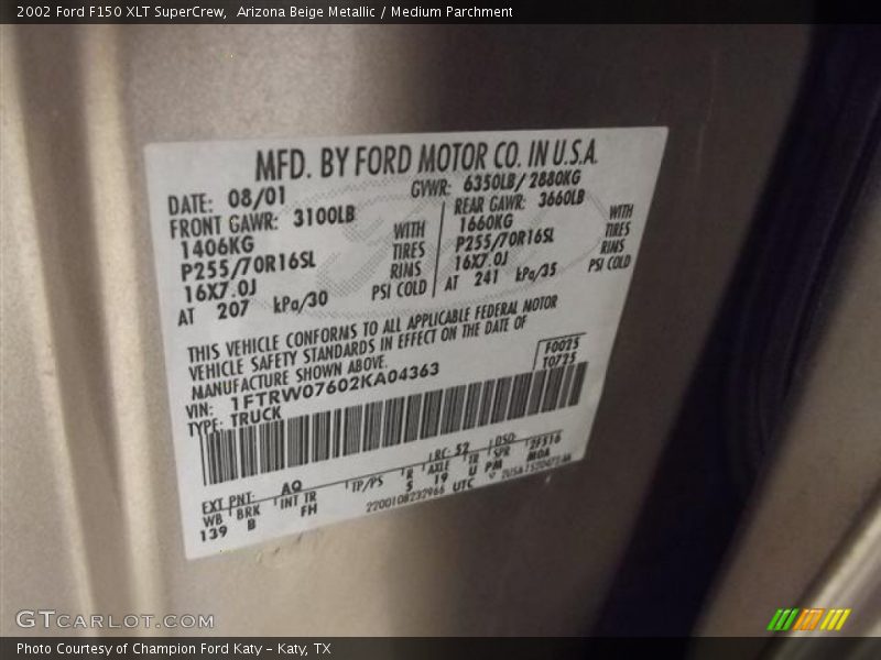Arizona Beige Metallic / Medium Parchment 2002 Ford F150 XLT SuperCrew