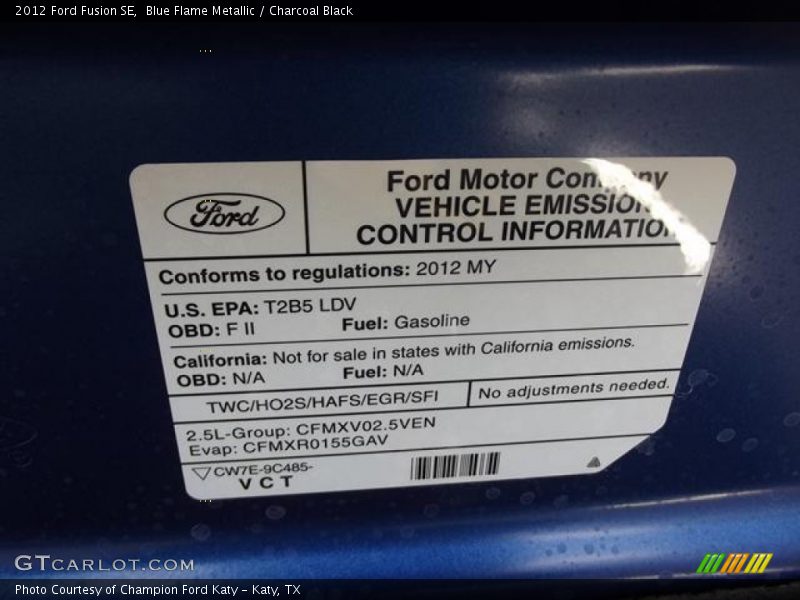 Blue Flame Metallic / Charcoal Black 2012 Ford Fusion SE