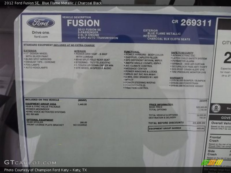 Blue Flame Metallic / Charcoal Black 2012 Ford Fusion SE