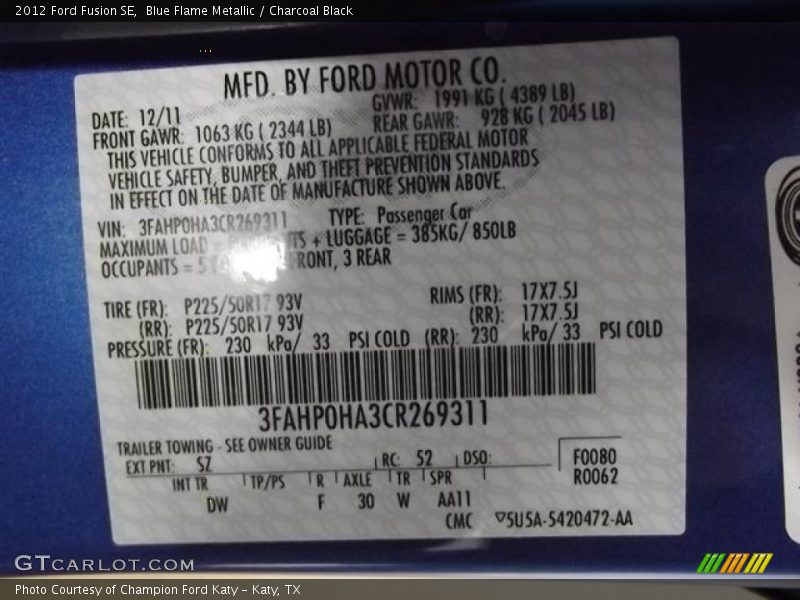 Blue Flame Metallic / Charcoal Black 2012 Ford Fusion SE