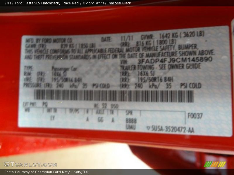 2012 Fiesta SES Hatchback Race Red Color Code PQ
