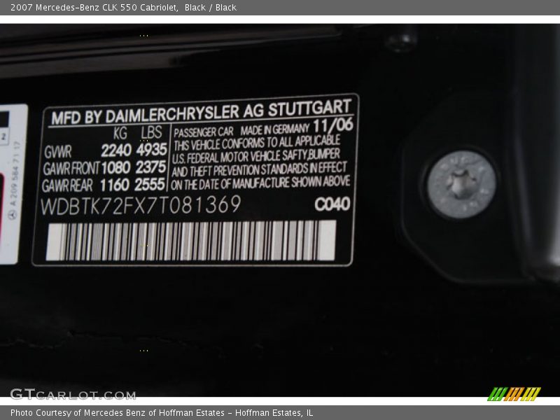 2007 CLK 550 Cabriolet Black Color Code 040