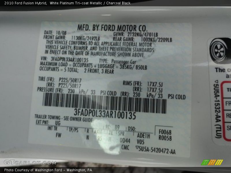 2010 Fusion Hybrid White Platinum Tri-coat Metallic Color Code UG