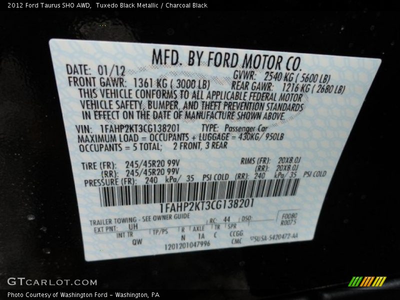 2012 Taurus SHO AWD Tuxedo Black Metallic Color Code UH