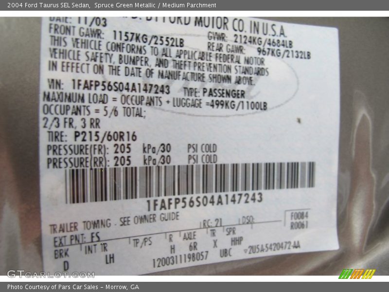 2004 Taurus SEL Sedan Spruce Green Metallic Color Code FS