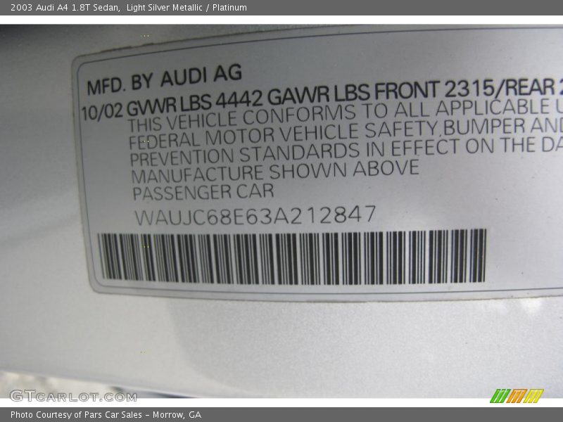 Light Silver Metallic / Platinum 2003 Audi A4 1.8T Sedan