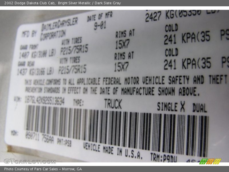 Bright Silver Metallic / Dark Slate Gray 2002 Dodge Dakota Club Cab