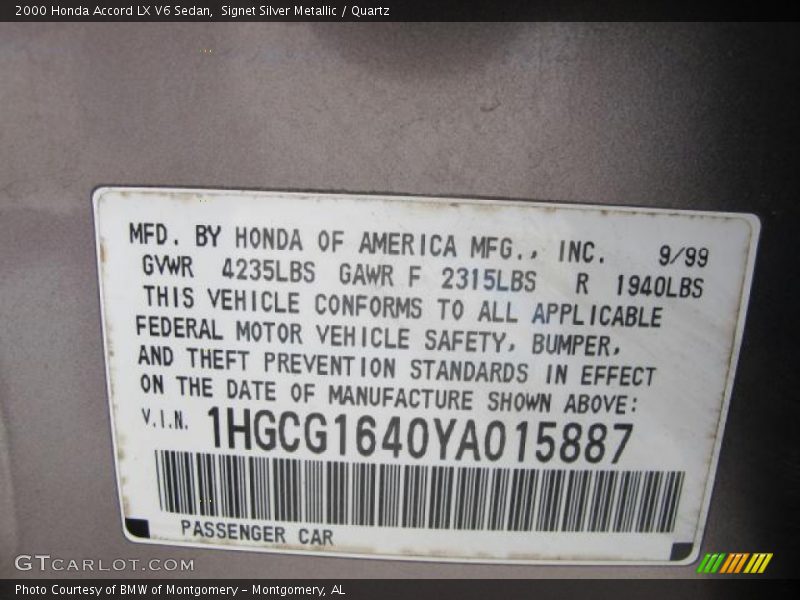 Signet Silver Metallic / Quartz 2000 Honda Accord LX V6 Sedan