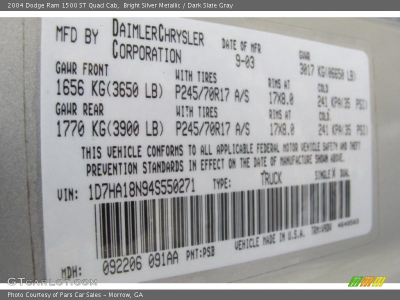 Bright Silver Metallic / Dark Slate Gray 2004 Dodge Ram 1500 ST Quad Cab