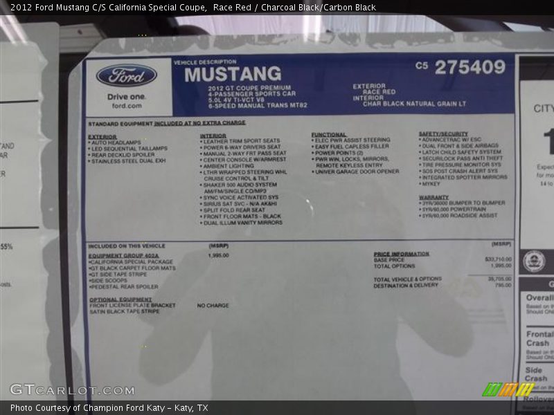  2012 Mustang C/S California Special Coupe Window Sticker