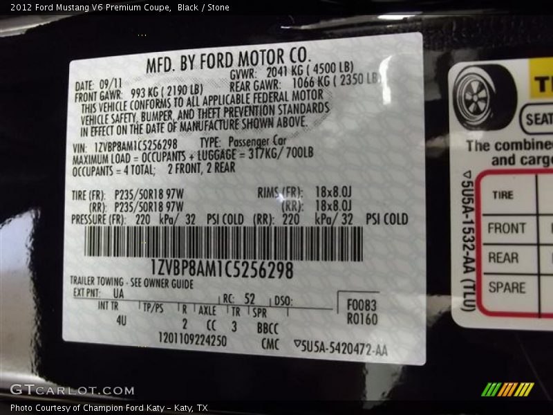 2012 Mustang V6 Premium Coupe Black Color Code UA