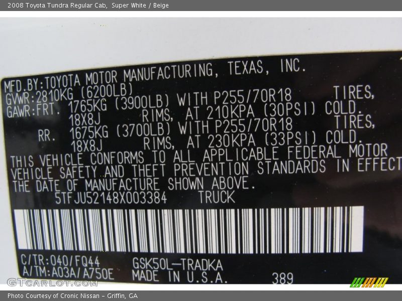 Super White / Beige 2008 Toyota Tundra Regular Cab