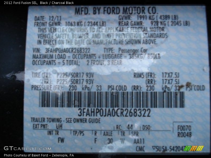 Black / Charcoal Black 2012 Ford Fusion SEL