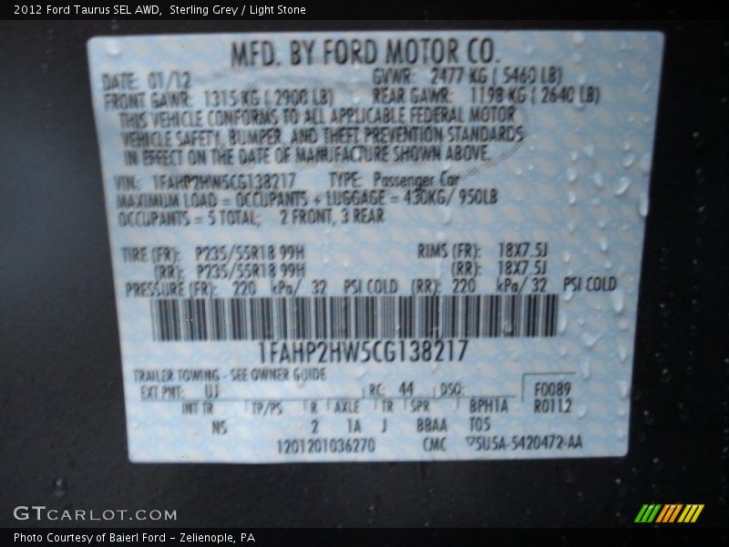 2012 Taurus SEL AWD Sterling Grey Color Code UJ