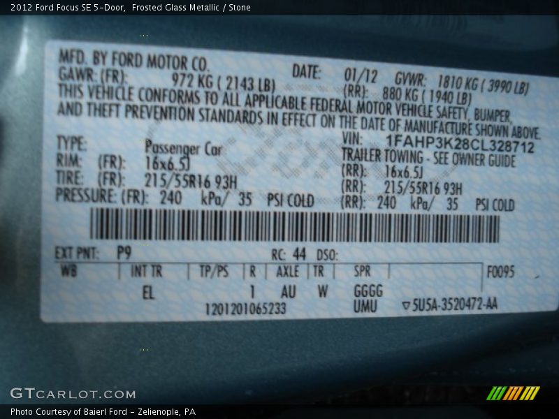 2012 Focus SE 5-Door Frosted Glass Metallic Color Code P9