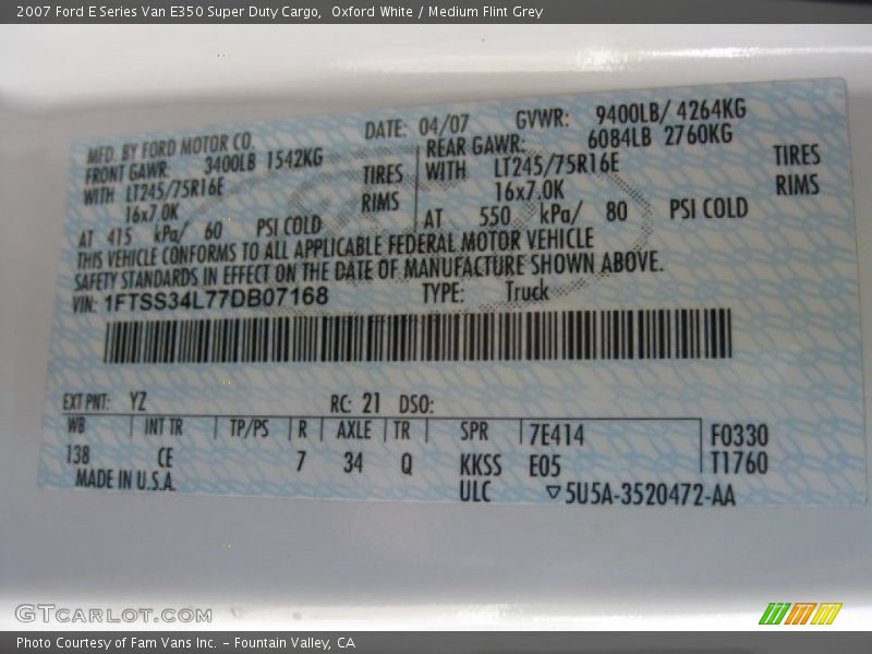 2007 E Series Van E350 Super Duty Cargo Oxford White Color Code YZ