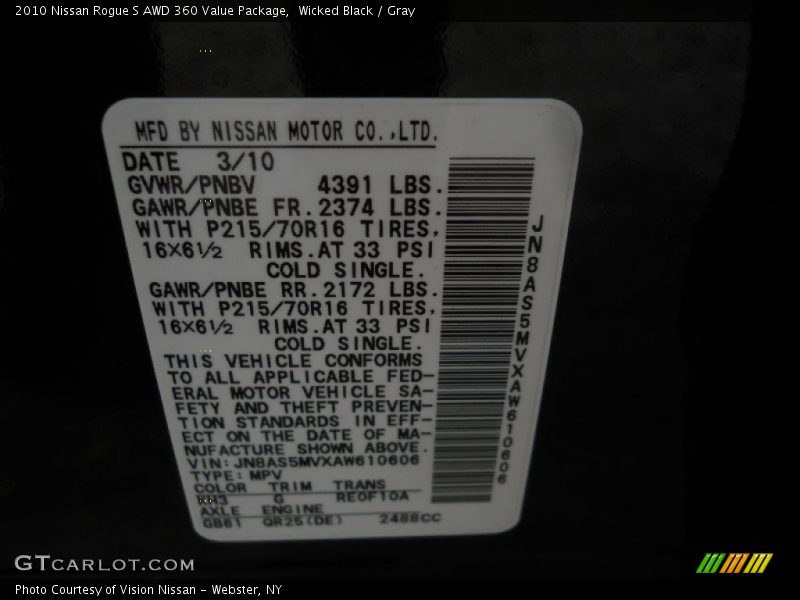 2010 Rogue S AWD 360 Value Package Wicked Black Color Code KH3