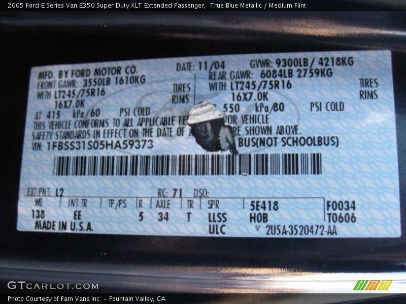2005 E Series Van E350 Super Duty XLT Extended Passenger True Blue Metallic Color Code L2