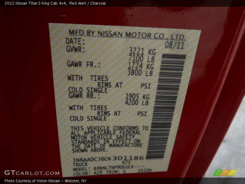 2012 Titan S King Cab 4x4 Red Alert Color Code A20