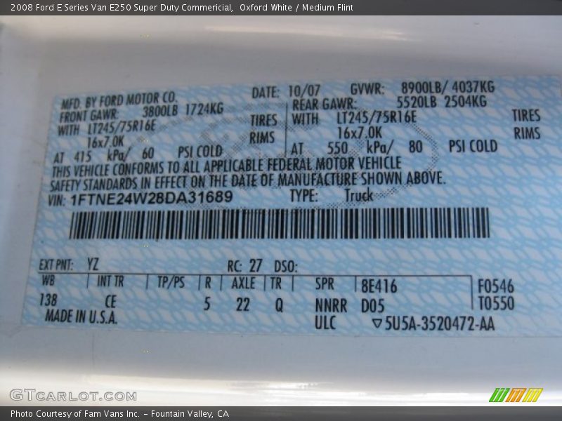 Oxford White / Medium Flint 2008 Ford E Series Van E250 Super Duty Commericial
