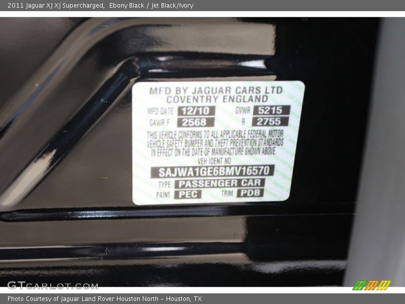 2011 XJ XJ Supercharged Ebony Black Color Code PEC