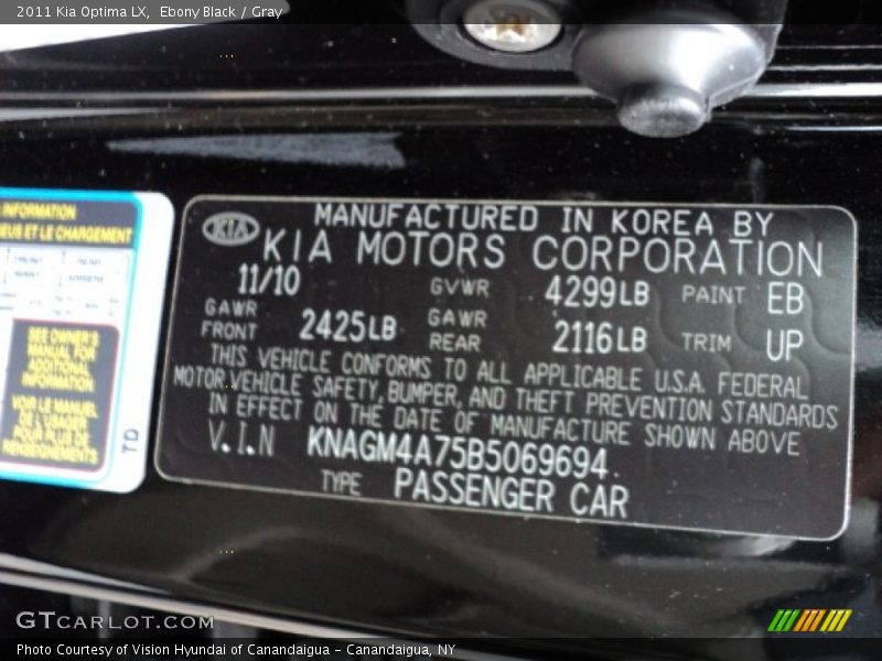 Ebony Black / Gray 2011 Kia Optima LX