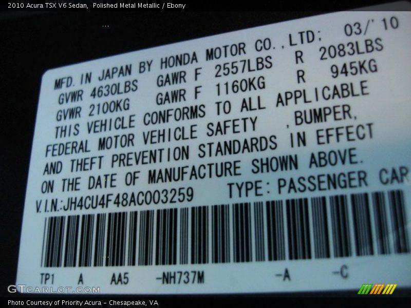 2010 TSX V6 Sedan Polished Metal Metallic Color Code NH737M
