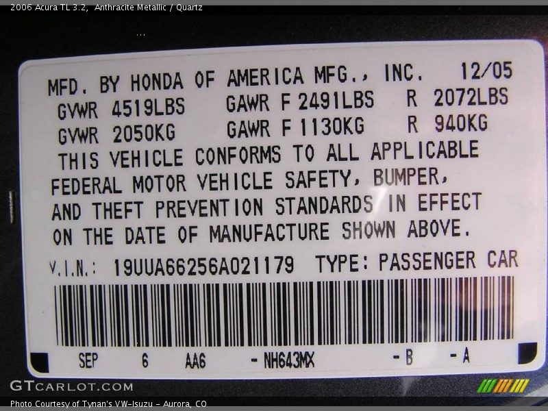 Anthracite Metallic / Quartz 2006 Acura TL 3.2