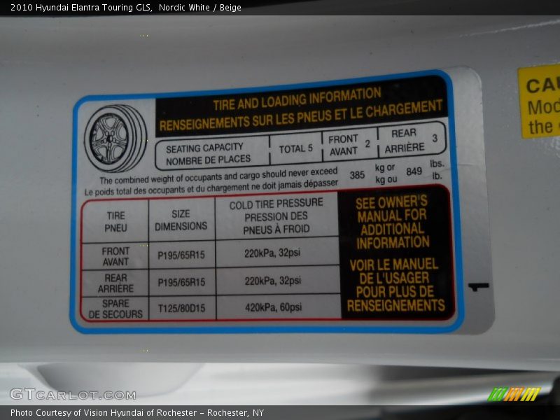 Info Tag of 2010 Elantra Touring GLS