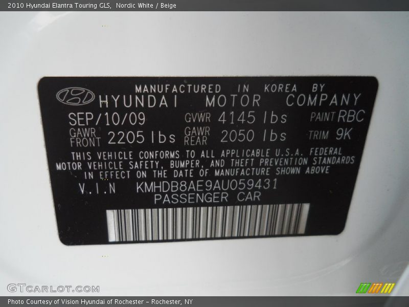 2010 Elantra Touring GLS Nordic White Color Code RBC