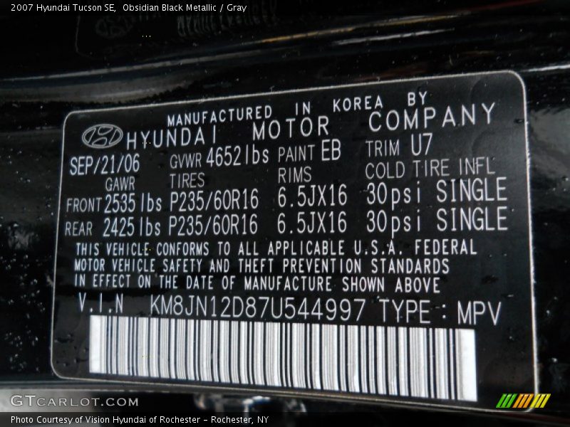 Obsidian Black Metallic / Gray 2007 Hyundai Tucson SE