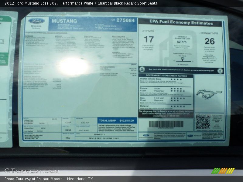  2012 Mustang Boss 302 Window Sticker