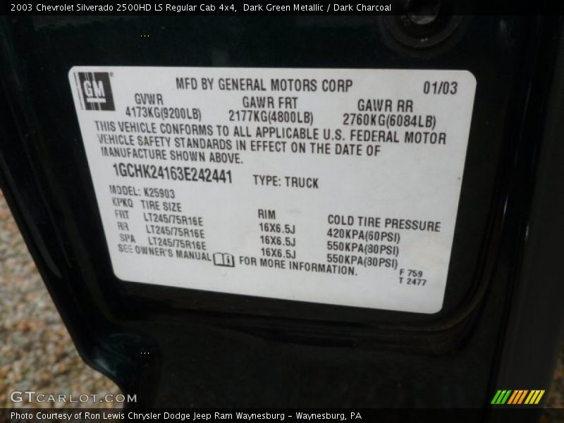 Dark Green Metallic / Dark Charcoal 2003 Chevrolet Silverado 2500HD LS Regular Cab 4x4