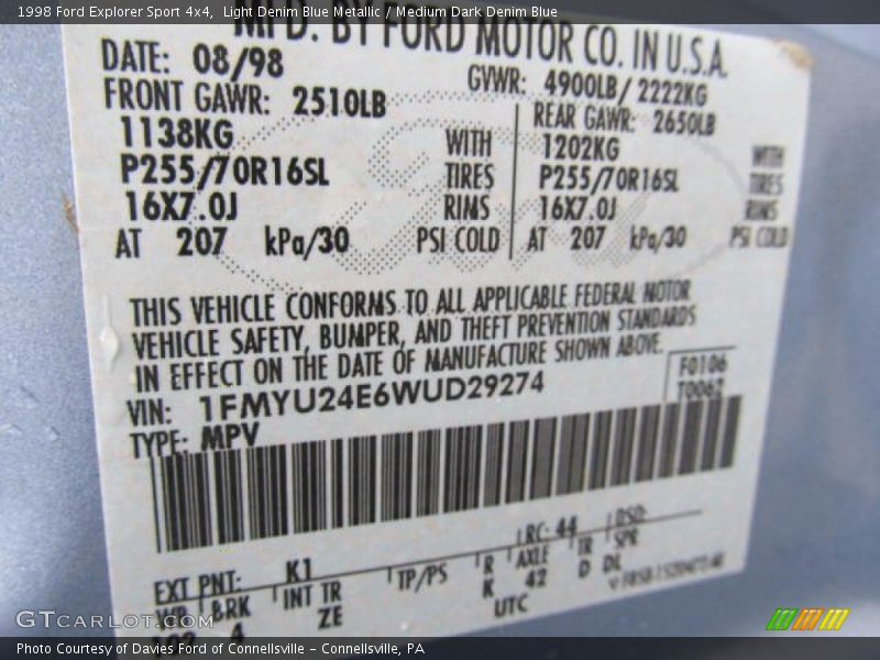 1998 Explorer Sport 4x4 Light Denim Blue Metallic Color Code K1