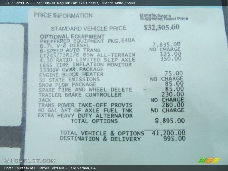  2012 F350 Super Duty XL Regular Cab 4x4 Chassis Window Sticker