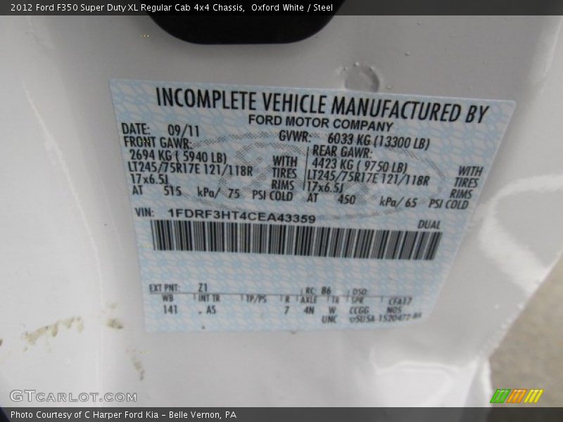 2012 F350 Super Duty XL Regular Cab 4x4 Chassis Oxford White Color Code Z1
