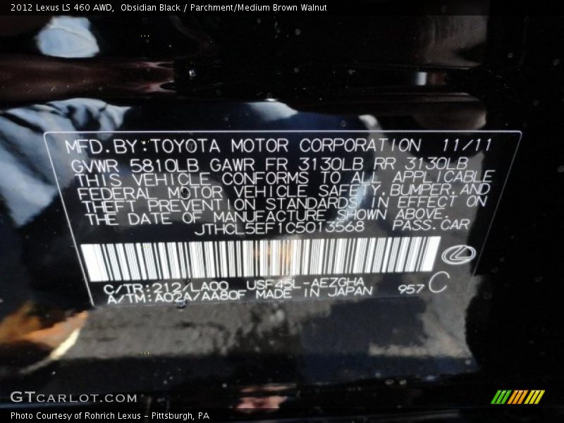 2012 LS 460 AWD Obsidian Black Color Code 212