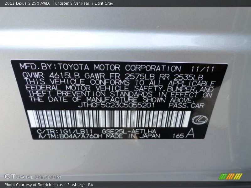 Tungsten Silver Pearl / Light Gray 2012 Lexus IS 250 AWD