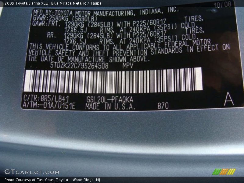 Blue Mirage Metallic / Taupe 2009 Toyota Sienna XLE