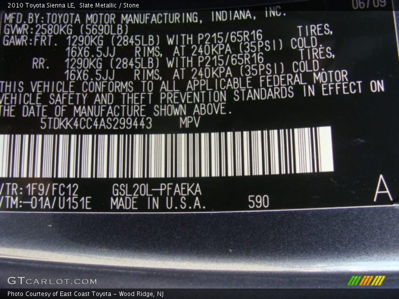 2010 Sienna LE Slate Metallic Color Code 1F9