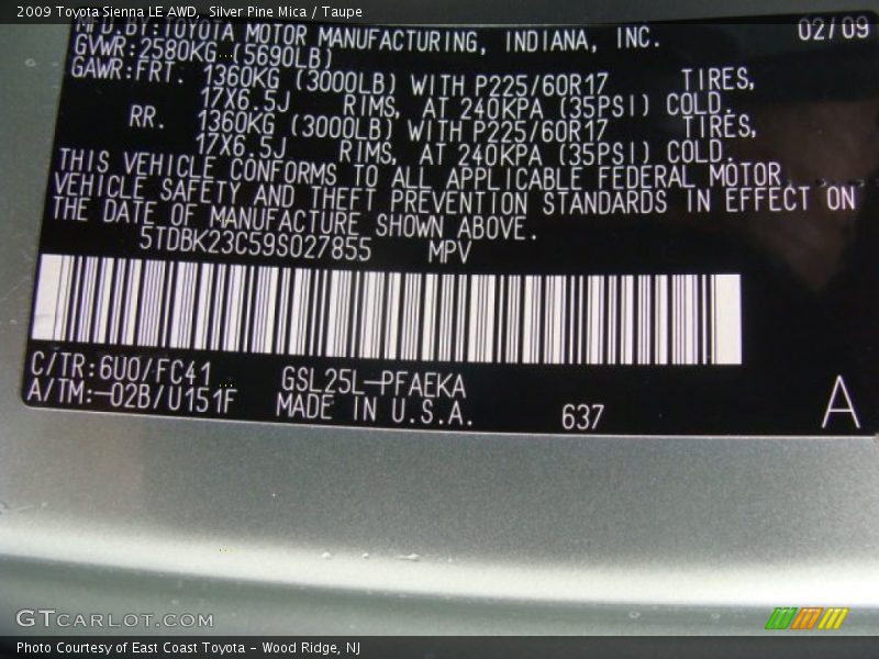 2009 Sienna LE AWD Silver Pine Mica Color Code 6U0