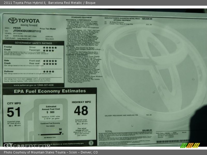  2011 Prius Hybrid II Window Sticker