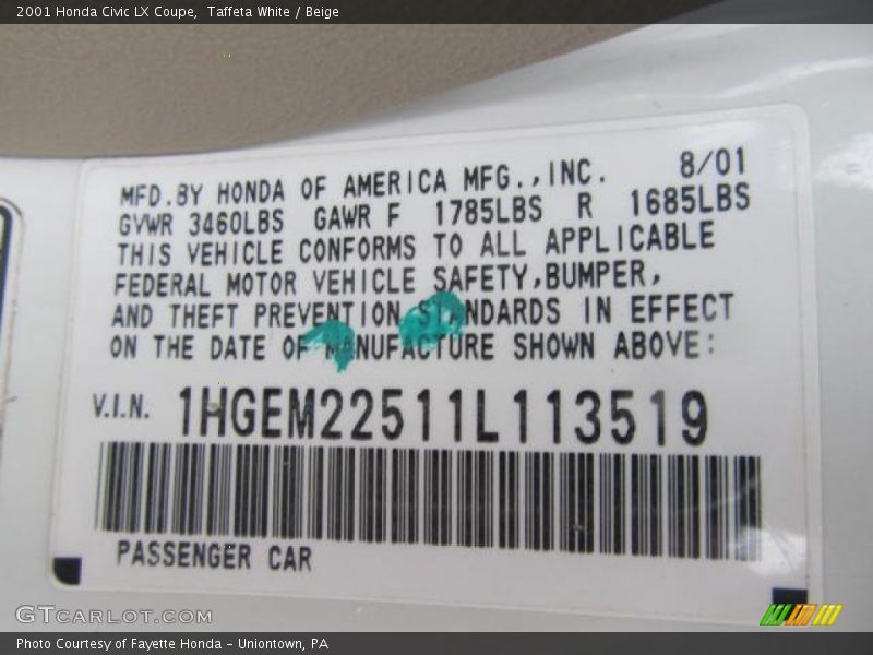 Taffeta White / Beige 2001 Honda Civic LX Coupe