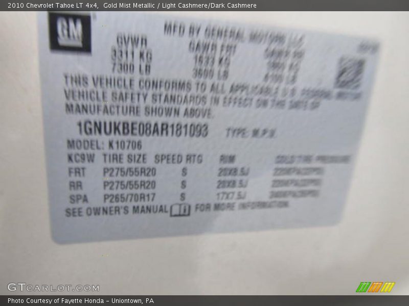 Gold Mist Metallic / Light Cashmere/Dark Cashmere 2010 Chevrolet Tahoe LT 4x4